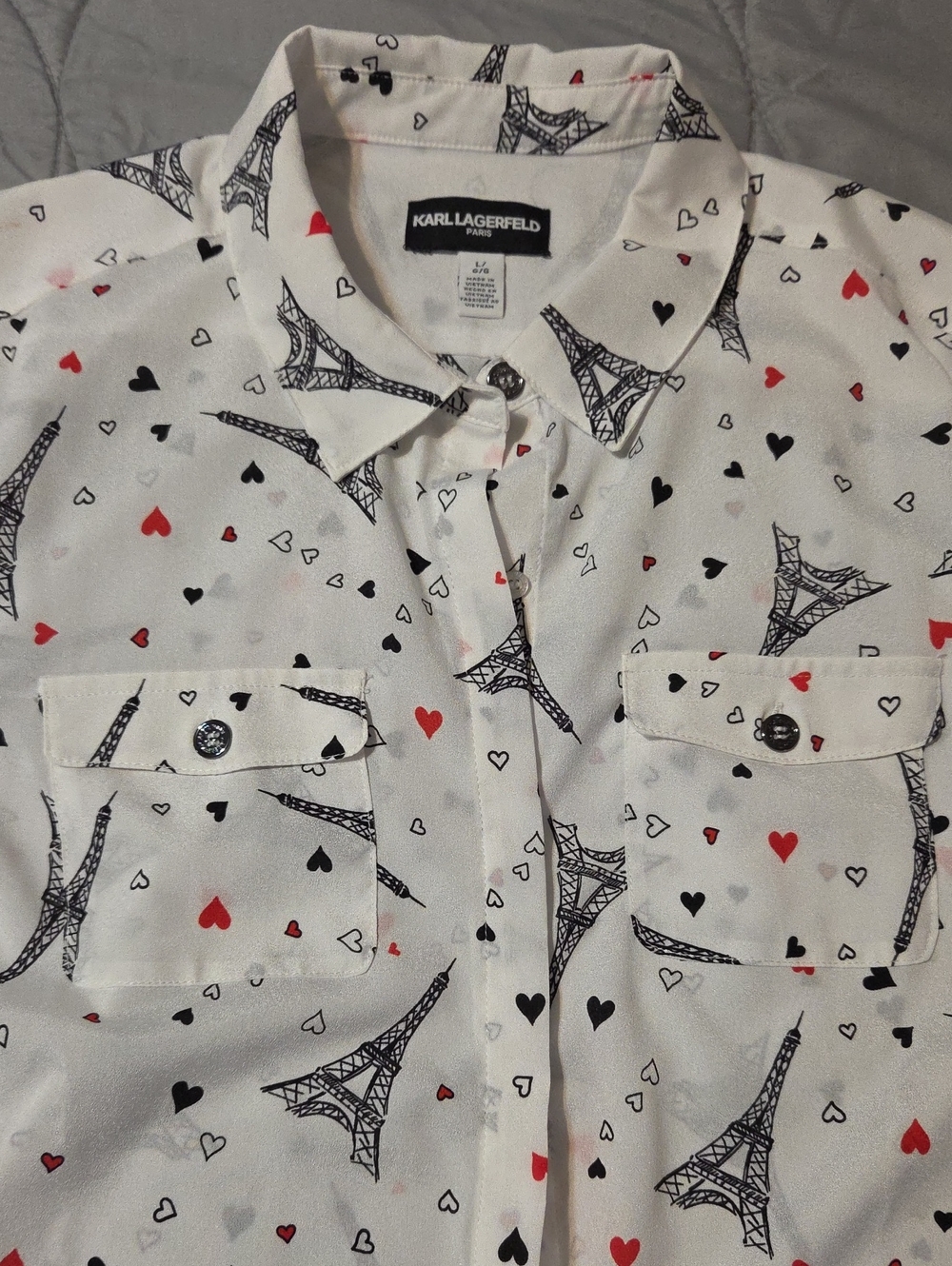 Karl Lagerfeld White Blouse with Black Eiffel Tower & Red Heart Accents